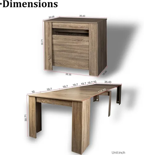 Vista 2 de JOYSOURCE Mesa de comedor extensible para hasta 12 personas de 20 a 119 pulgadas, ajustable, grande, extra larga, rectangular, ahorro de espacio