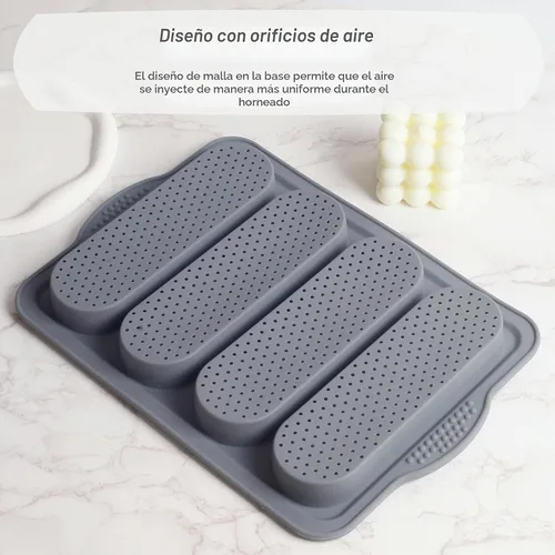 Vista 3 de Sartén para pan de baguette, sartén antiadherente de silicona de grado alimenticio, bandeja para hornear pan francés perforado de 4 cavidades