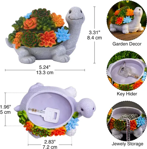 Vista 3 de Estatua oculta de llave de tortuga para exteriores, bonita tortuga suculenta oculta una llave decorativa para exteriores, pequeña caja de regalo