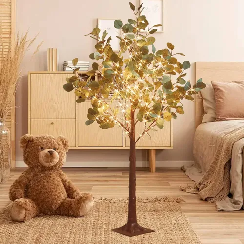 Vista 2 de Fudios Árboles iluminados para interiores de 4 pies con 160 luces LED de eucalipto artificial con luces para exteriores, planta falsa