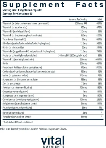 Vista 2 de Vital Nutrients Multi-Nutrients 3-Fórmula multivitamínica vegetariana de citrato/malato, sin cobre o hierro, suplemento multivitamínico, mineral