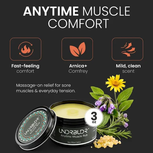 Vista 2 de Anytime Muscle Rub Salve con árnica, consuelda y aceites esenciales, bálsamo para dolor muscular, molestias articulares y recuperación