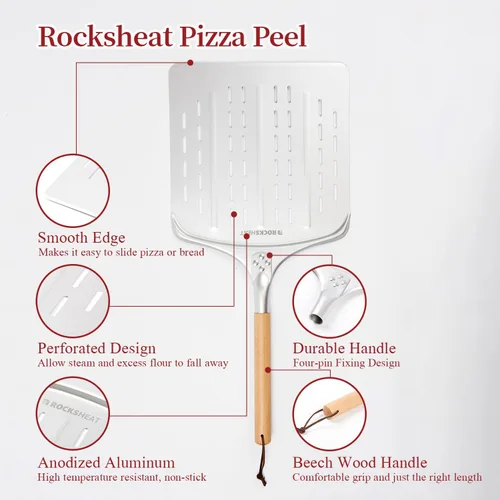 Vista 2 de Cáscara de pizza de 12 pulgadas – Espátula de pizza de aluminio anodizado con mango de madera – Ideal para horno de pizza y hornear, pelar ligero