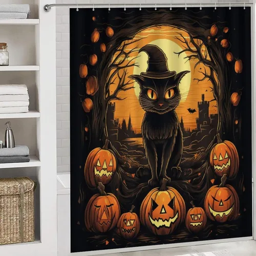 Vista 5 de Juego de 4 cortinas de ducha de Halloween, gato negro, luna llena, calabaza aterradora, cortina de ducha y alfombras, juego de cortina de ducha