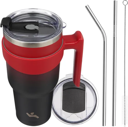 Vista 11 de Konokyo - Vaso de 10 onzas con asa y 2 popotes, 2 tapas, botella de agua aislada de acero inoxidable, taza de viaje reutilizable, color verde militar