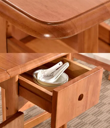 Vista 6 de LAKIQ Mesa de comedor plegable de madera maciza con almacenamiento, mesa de cocina rectangular con cajones, mesa de cocina plegable con ruedas, solo