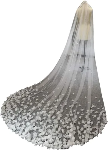 Vista 4 de Velo de novia largo de novia con flores 3D, encaje floral, velo de lujo blanco para novia con peine catedral de boda