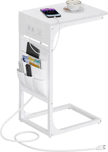 Vista 24 de TUTOTAK - Mesa auxiliar en forma de C, mesa lateral para sofá, mesa de sofá con bolsa de almacenamiento, bandeja para TV para sala de estar, Negro