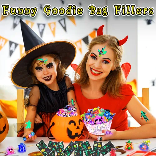 Vista 5 de 38 piezas de artículos de fiesta de Halloween para niños, anillos con luz 3D juguetes en cantidad golosinas de Halloween sin dulces, 28 anillos