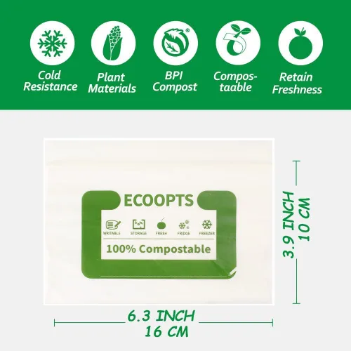 Vista 2 de Bolsa con cremallera 100% compostable para aperitivos Bolsas de almacenamiento pequeñas ecológicas Bolsa para congelador A base de plantas sin