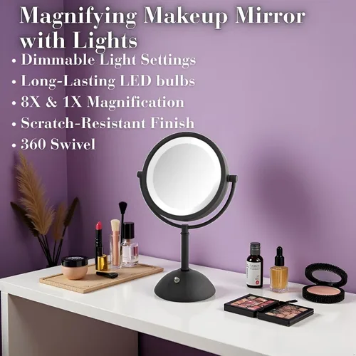 Vista 3 de JERDON Espejo de maquillaje de mesa con luces, aumento 1X/8X, espejo de tocador negro de 8.5 pulgadas, modelo HL8808BKL