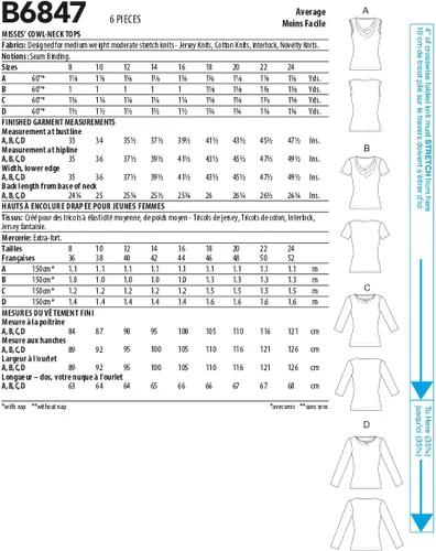 Vista 2 de Butterick Camiseta de mujer con cuello vuelto, código B6847, kit de patrón de costura, tallas 8-10-12-14-16, multicolor