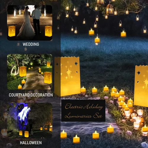 Vista 3 de Sabary Juego de 50 bolsas luminarias con velas de té sin llama, luminarias de Navidad, farol LED, bolsas para velas para cumpleaños, bodas