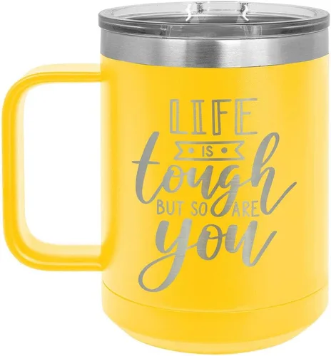 Vista 10 de LIFE IS TOUGH BUT SO ARE YOU Negro Taza de café de 15 oz con tapa deslizante Taza de café de viaje aislada Ideas de regalos de cumpleaños