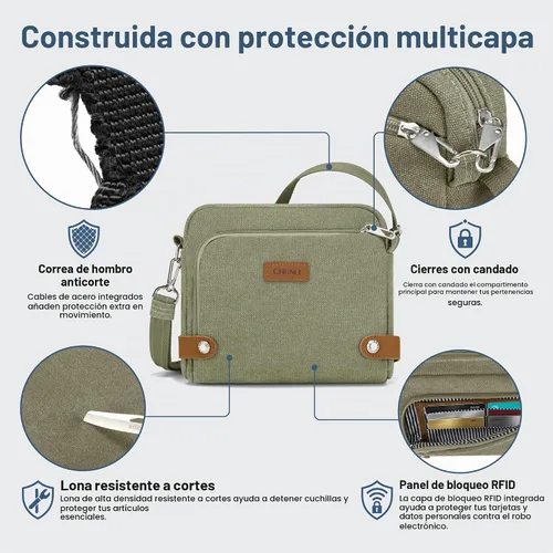 Vista 3 de Anti Theft Crossbody Bag for Women, RFID Blocking Travel Purse Slash Proof Verde militar