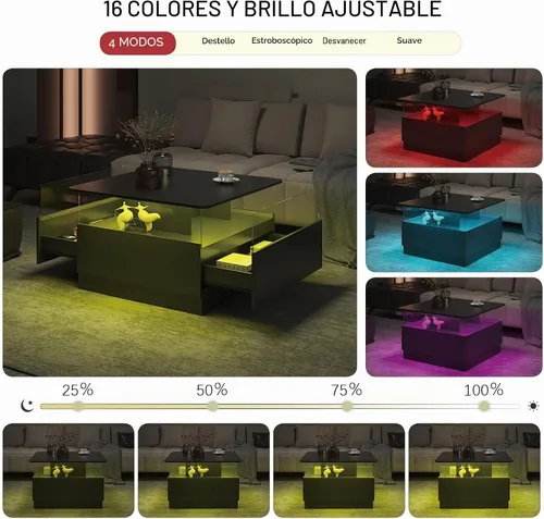 Vista 5 de HedoAjim Mesas de centro cuadradas con almacenamiento, mesa de centro moderna para sala de estar, mesas de centro redondas negras y 2 cajones Negro