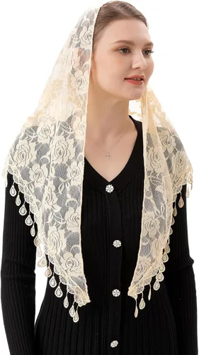 Vista 2 de PAMOR Mass Veil Triángulo Mantilla Catedral Cubierta Cabeza Capilla Velo Encaje Mantón Latino Bufanda