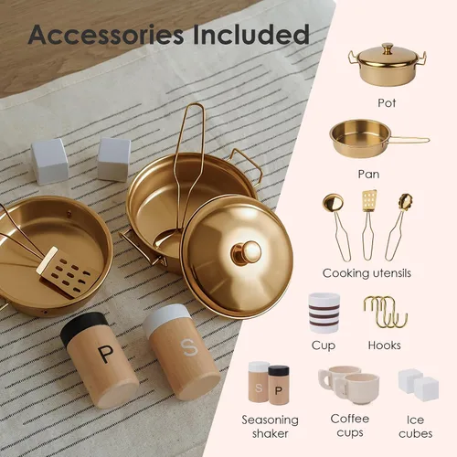 Vista 6 de Cocina de Juguete de Madera Rosa para Niños - Electrodomésticos Realistas, Almacenamiento y 15 Accesorios Divertidos para Inspirar