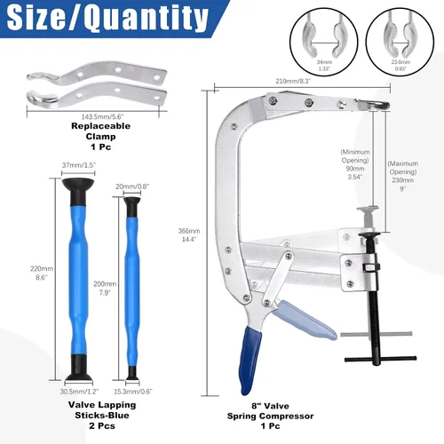 Vista 2 de Glarks 5 compresores universales de resorte de válvula con capacidad de 3.5 a 9 pulgadas y kit de lapper de válvula, 1 herramienta de extracción