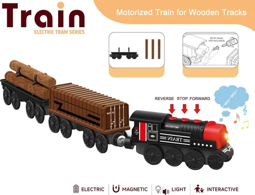 Vista 2 de Tren motorizado para pista de madera, juego de 3 piezas de tren de juguete para niños y niñas de 3, 4, 5+ años, tren con batería compatible
