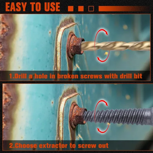 Vista 6 de Juego de 11 extractores de tornillos fáciles de sacar, kit de broca de mano izquierda con revestimiento de titanio y extractor de pernos