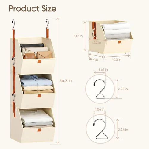 Vista 6 de Homsorout Organizador plegable para armario, sistema de almacenamiento de 3 niveles con ganchos, contenedores de almacenamiento colgantes de tela