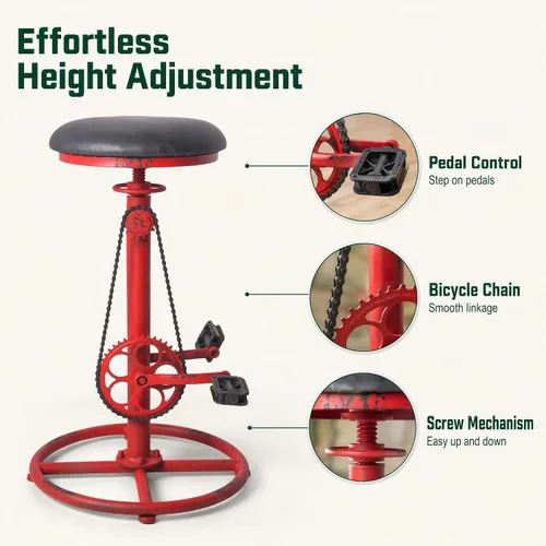 Vista 4 de Bicycle-Style 29"-37" Adjustable Swivel Bar Stools Set of 2, Distressed Red Black Seat / Distressed Red Frame