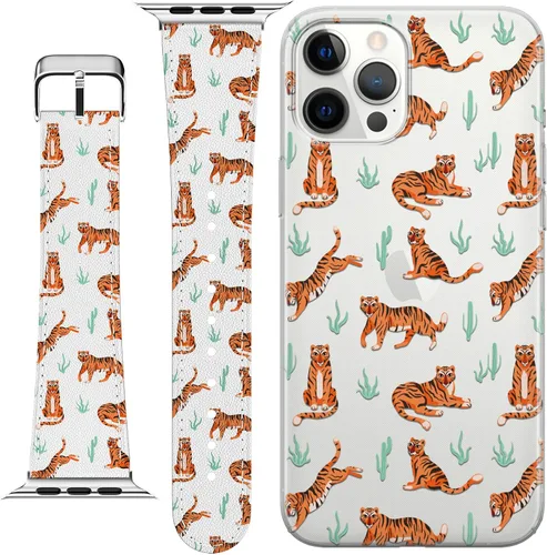 Vista 2 de Correa de muñeca compatible con Apple Watch Series 7/6/5/4/3/2/1/SE y funda de teléfono a juego de piel sintética con correa felina