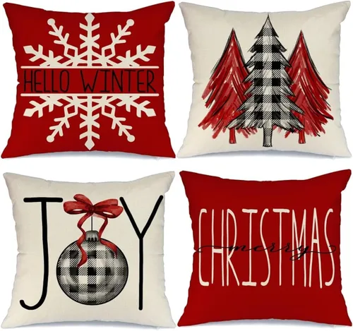 Vista 12 de GEEORY Juego de 4 fundas de almohada de Navidad de 18 x 18 pulgadas para decoraciones de Navidad, árbol de Navidad, alegría, nieve, Navidad feliz