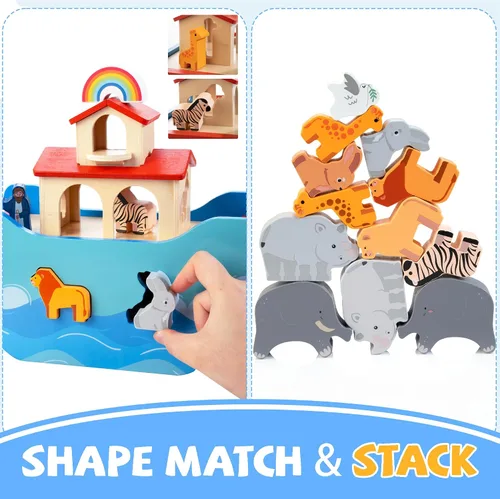 Vista 3 de JUSTWOOD Juego de Juguetes de Animales del Arca de Noé de Madera, Juguetes de Historia Bíblica Regalo de Bautismo para Niños y Niñas de 1+ Años