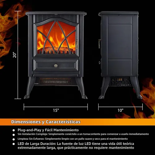 Vista 2 de Calentador eléctrico independiente para estufa de chimenea, 1500 W con efecto de llama LED 3D realista, brillo y termostato ajustables, 2 ajustes