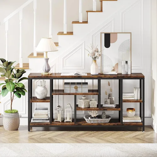 Vista 4 de LITTLE TREE Mesa de sofá extra larga de 70.9 pulgadas detrás del sofá de 3 niveles industrial estrecha para entrada, mesa decorativa para sala