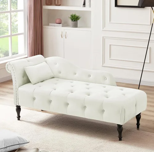Vista 8 de Tumbona moderna de terciopelo de 60.6 pulgadas para interiores, silla de salón tapizada con cabeza de clavo recortada y patas de madera maciza, sofá