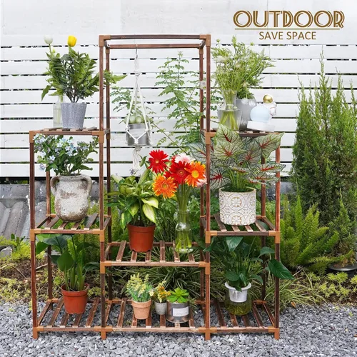 Vista 4 de Uneedem Soporte para plantas para interiores y exteriores, estante alto para múltiples plantas, 8 niveles, 12 macetas, estante grande de madera