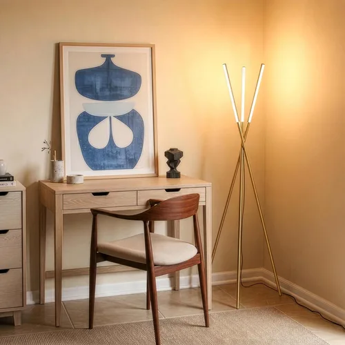 Vista 9 de Brightech Stix - Lámpara de pie LED con trípode para sala de estar, lámpara de pie moderna regulable, con 3 luces para dormitorio, iluminación Latón