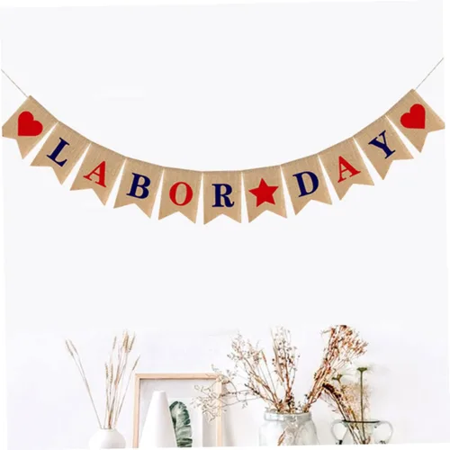 Vista 7 de Bandera del Día del Trabajo, adornos de arpillera, decoración del hogar, decoración de fiesta de trabajo, pancarta del 4 de julio, pancarta