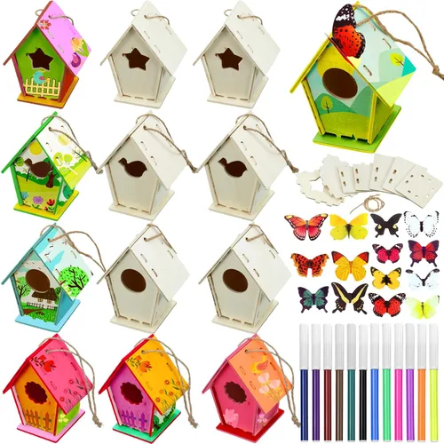 Vista 2 de Outus 12 kits de manualidades de madera para construir, casa de pájaros sin terminar de madera de 4 formas con calcomanía de mariposa