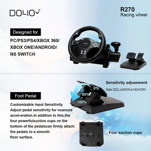 Vista 2 de DOYO Gaming Racing Wheel, Steering Wheel for PC, 270 Degree Driving Force Sim Game Steering Wheel with Responsive Gear and Pedals for PCPS3PS4XBOX