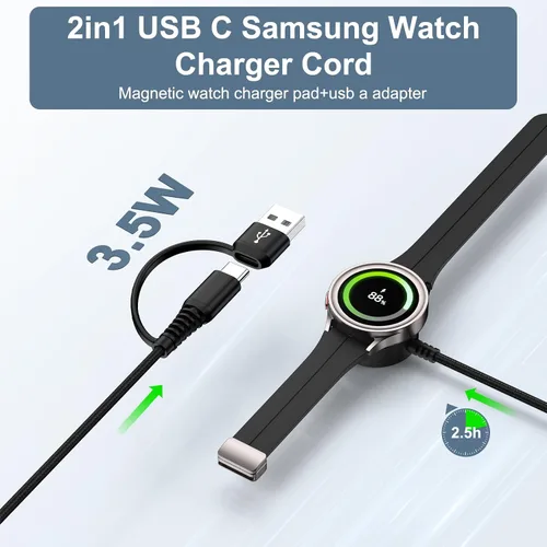 Vista 2 de Cable magnético de carga rápida para Samsung Watch 8/8 Classic/7/Ultra/6/6/5 Pro/5/4/4 Classic/3/Active 2/1, cargador de reloj inteligente de 3.5 W