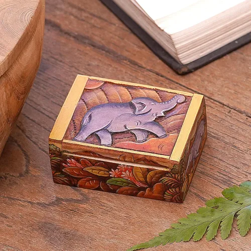 Vista 7 de NOVICA Mini joyero artesanal de madera hecho a mano con temática de elefante de Bali, multicolor, cajas de Indonesia