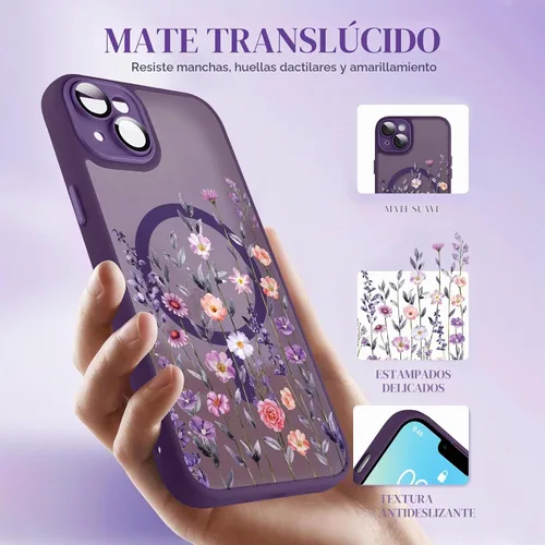 Vista 4 de Magnético para iPhone 13 con protector de pantalla [Compatible con MagSafe] Diseño de patrón floral de flores bonitas, funda delgada a prueba