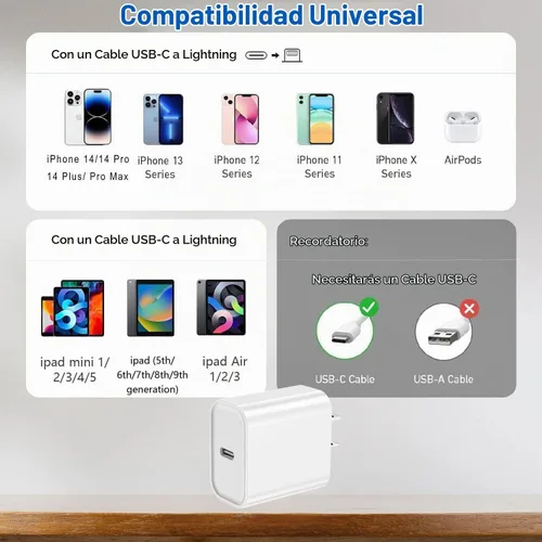Vista 6 de Cargador de iPhone de carga rápida, PD i Phone USB C Cargador de pared Bloque i Phone 14 Cargador rápido con cable USB C a Lightning de 3 pies, cubo