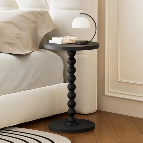 Vista 2 de Mesa auxiliar redonda, mesa de bebidas para espacios pequeños, mesita de noche moderna con patas de madera de goma para sala de estar, dormitorio