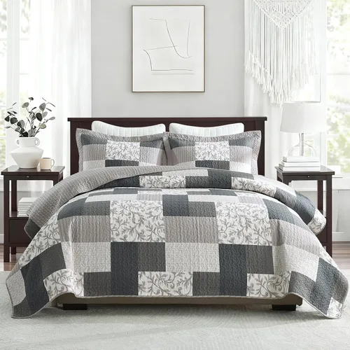 Vista 11 de SahSahCasa Edredón tamaño Queen, edredón acolchado a cuadros 100% algodón para cama Queen, colchas florales, colcha reversible de estilo campestre