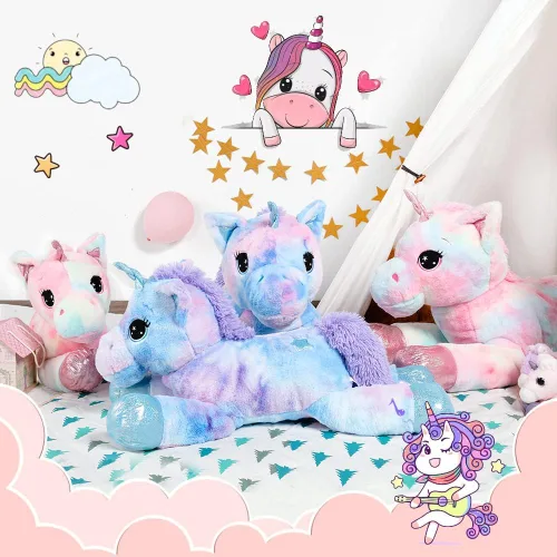 Vista 7 de Muiteiur Animal de peluche de unicornio de 31.6 pulgadas, unicornio de peluche grande para niñas, almohada de felpa suave, regalos para niñas y Azul