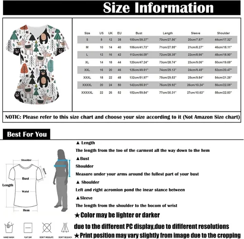 Vista 3 de Women's Working Uniform Shirts Short Sleeve V Neck Tunic Tops Comfy Cartoon Print Workwear Blouses Tee with 2 Pockets