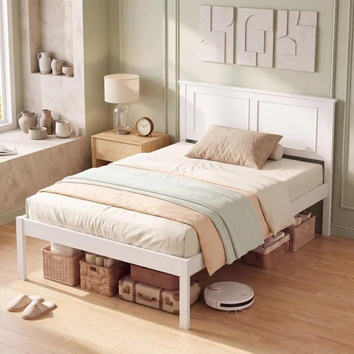Vista 13 de KOMFOTT Twin Size Bed Frame, Farmhouse Wooden Platform Bed with Headboard Walnut