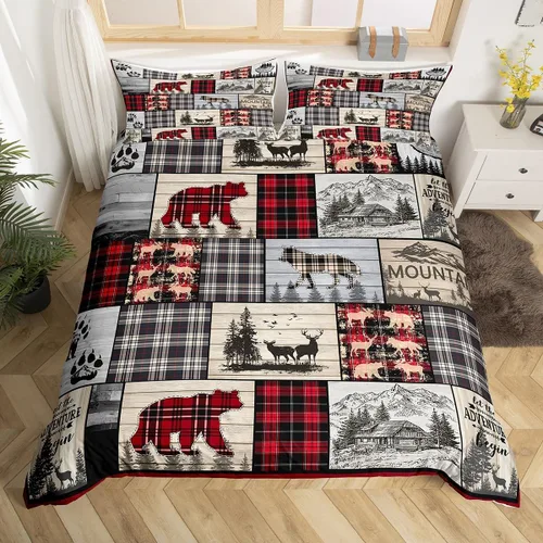 Vista 23 de Funda de edredón de cabaña marrón retro, juego de ropa de cama de retazos con diseño de oso del bosque, ciervos para cabaña rústica, funda de Multi