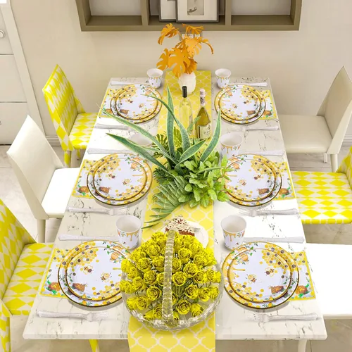 Vista 5 de Suministros de fiesta de abejas, platos y servilletas de abejas, vasos, servilletas y tenedores, decoraciones de fiesta de abejas para baby shower