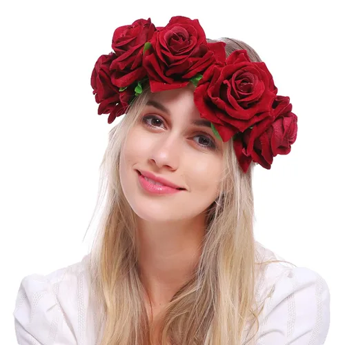 Vista 2 de Corona de rosas para mujer, diadema de festival, corona floral, Luau hawaiano, accesorios para fotos de fiestas y festivales (naranja)